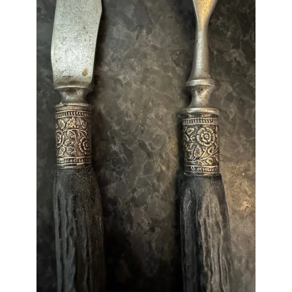 Antique Stag Handle Carving Knife & Fork Set Silver Ferrule Victorian Era